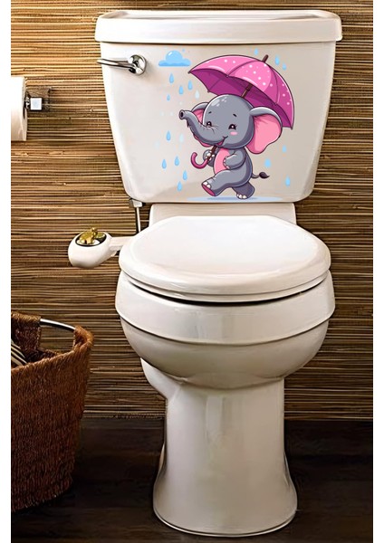 Yağmur ve Pembe Şemsiyeli Minik Sevimli Fil Klozet Sticker Banyo Sticker