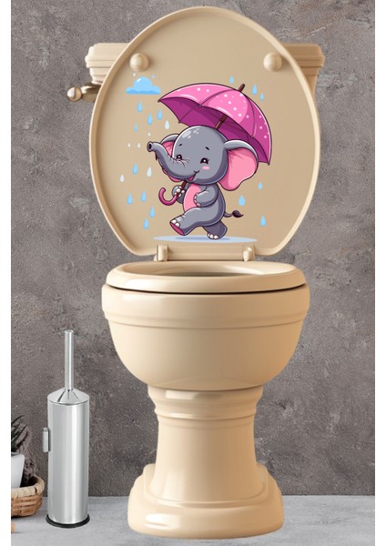 Yağmur ve Pembe Şemsiyeli Minik Sevimli Fil Klozet Sticker Banyo Sticker