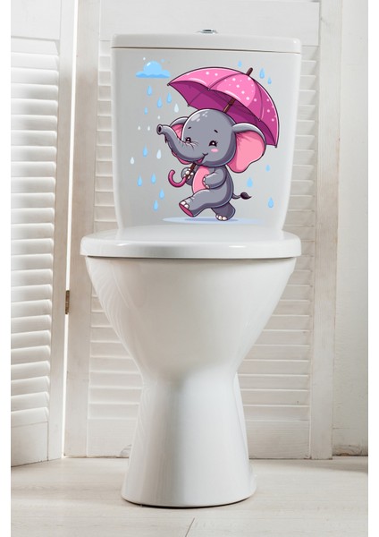 Yağmur ve Pembe Şemsiyeli Minik Sevimli Fil Klozet Sticker Banyo Sticker