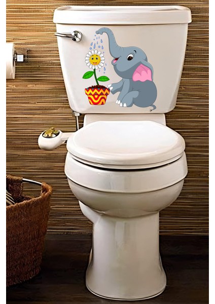 Çiçek Sulayan Sevimli Fil ve Kelebek Klozet Sticker Banyo Sticker