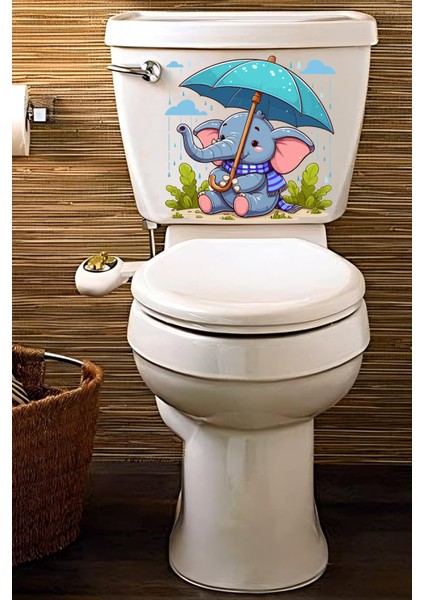 Echo Home Yağmur Altında Şemsiyeyle Oturan Sevimli Fil Temalı Klozet Sticker Banyo Sticker