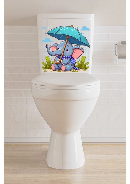 Echo Home Yağmur Altında Şemsiyeyle Oturan Sevimli Fil Temalı Klozet Sticker Banyo Sticker