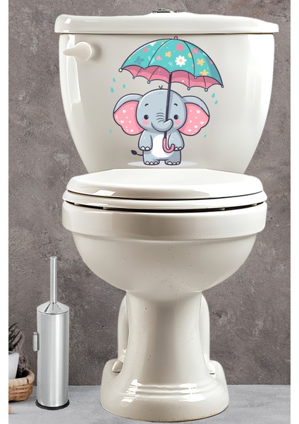 Yağmur Altındaki Sevimli Fil Temalı Klozet Sticker Banyo Sticker
