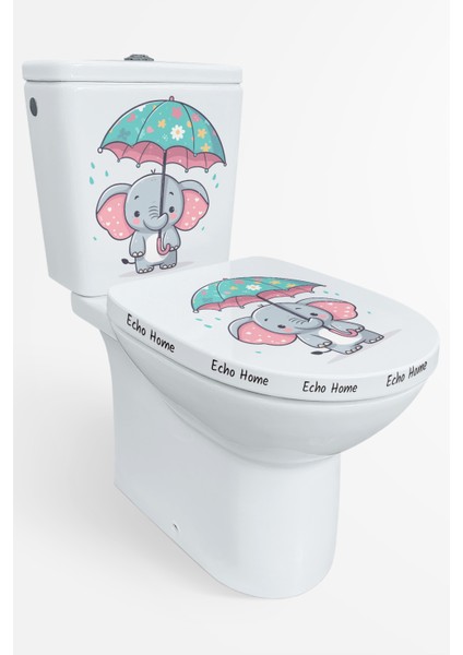 Yağmur Altındaki Sevimli Fil Temalı Klozet Sticker Banyo Sticker