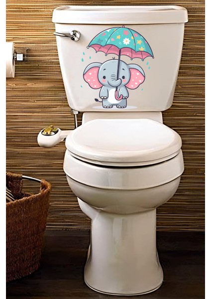 Yağmur Altındaki Sevimli Fil Temalı Klozet Sticker Banyo Sticker