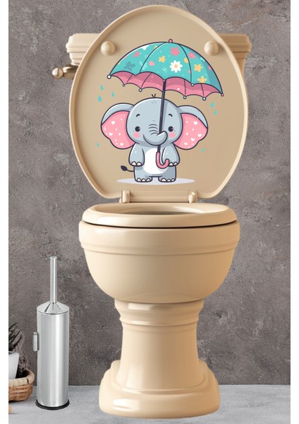 Yağmur Altındaki Sevimli Fil Temalı Klozet Sticker Banyo Sticker