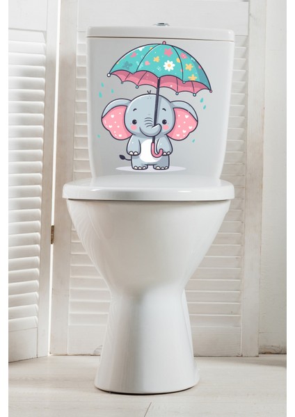Yağmur Altındaki Sevimli Fil Temalı Klozet Sticker Banyo Sticker