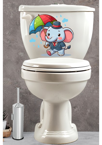 Yağmur Şemsiye ve Sevimli Fil Klozet Sticker Banyo Sticker