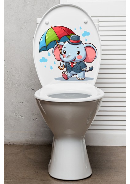 Yağmur Şemsiye ve Sevimli Fil Klozet Sticker Banyo Sticker