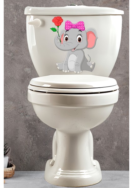 Sevimli Fil ve Gül Klozet Sticker Banyo Sticker