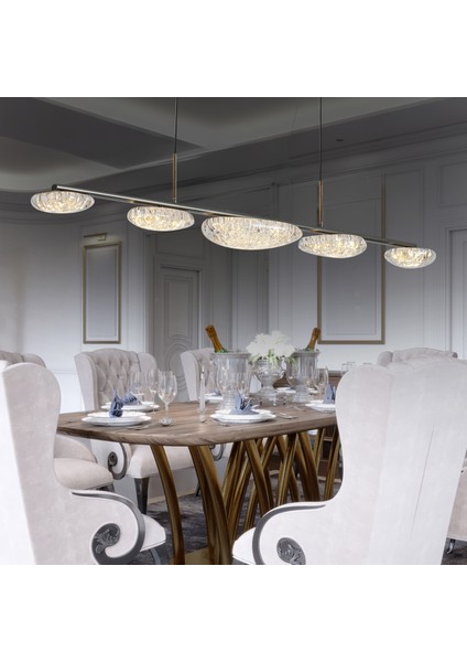 Firuze 30 Watt Sıralı Eskitme Kristal Taşlı Yemek Masası Üstü, Modern Tasarım Salon LED Avize