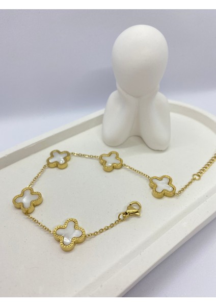 Lucky Be Collection Lucky B&e Ince Zincirli Beyaz Beş Yonca Çelik Bileklik Gold