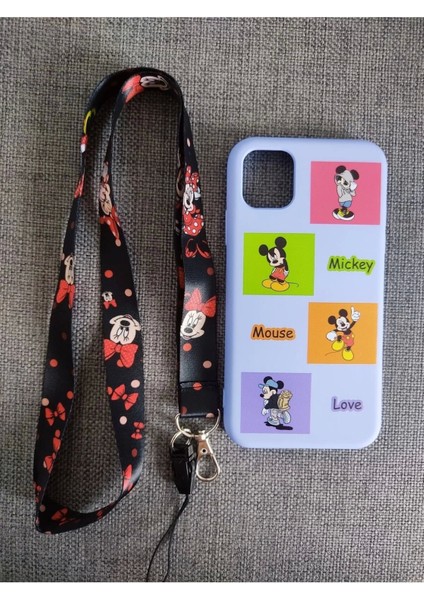 iPhone 11 Uyumlu Mickey Mouse Tasarım Içi Kadife Lansman Telefon Boyun Askılı Set Kılıf