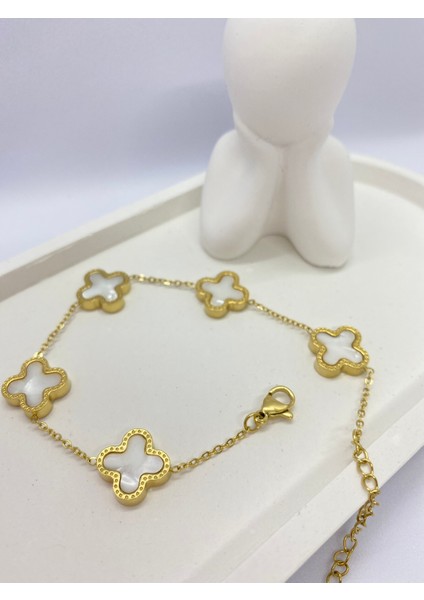 Lucky Be Collection Lucky B&e Ince Zincirli Beyaz Beş Yonca Çelik Bileklik Gold