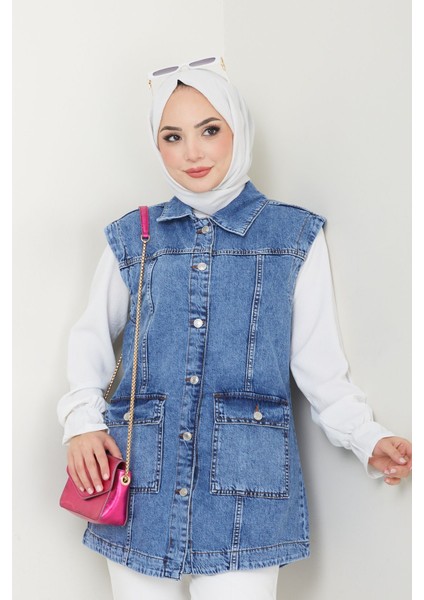 Kadın Mavi Denim Cepli Kot Yelek -PMK359