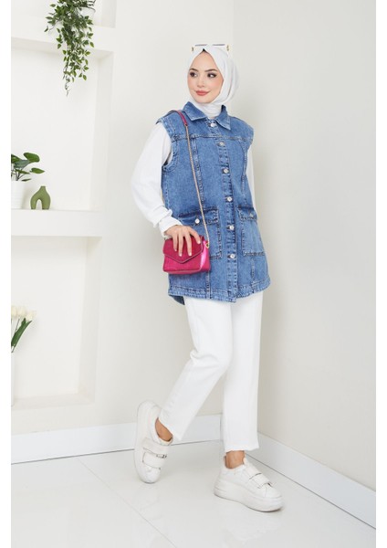 Kadın Mavi Denim Cepli Kot Yelek -PMK359
