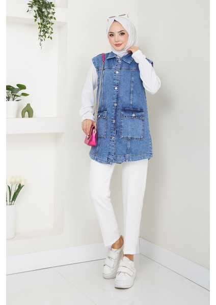 Kadın Mavi Denim Cepli Kot Yelek -PMK359