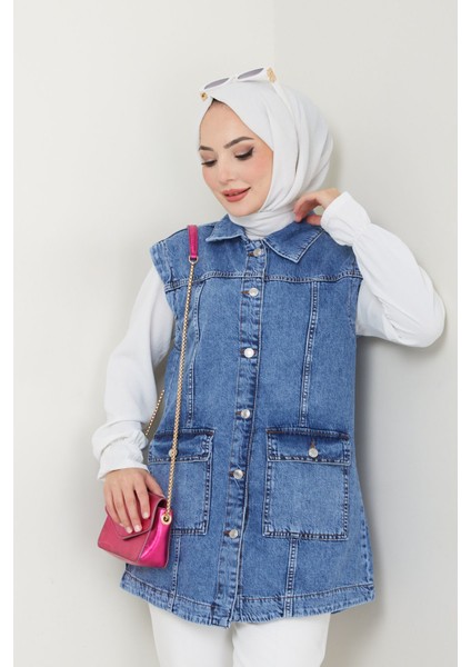Kadın Mavi Denim Cepli Kot Yelek -PMK359