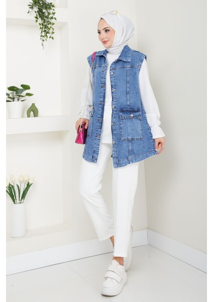 Kadın Mavi Denim Cepli Kot Yelek -PMK359