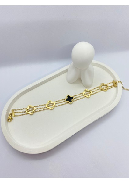 Lucky B&e Üç Zincirli Siyah Beş Yonca Çelik Bileklik Gold modelleri