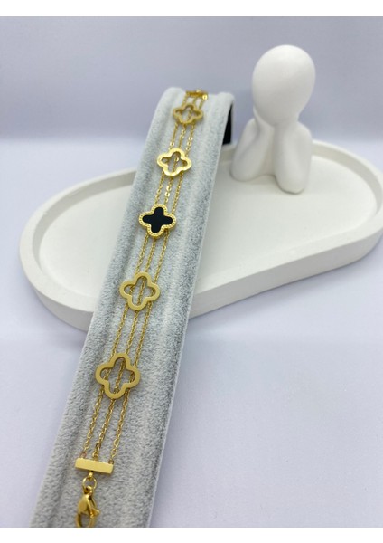 Lucky B&e Üç Zincirli Siyah Beş Yonca Çelik Bileklik Gold fırsatları