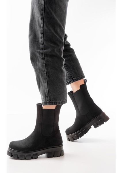 Siyah Süet Yüksek Tabanlı Lastikli Günlük Kadın Bot