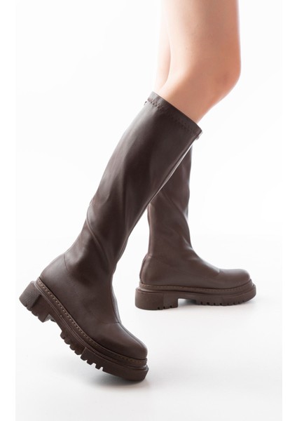 Kahverengi Streç Arkadan Fermuarlı Günlük Kadın Çizme modelleri
