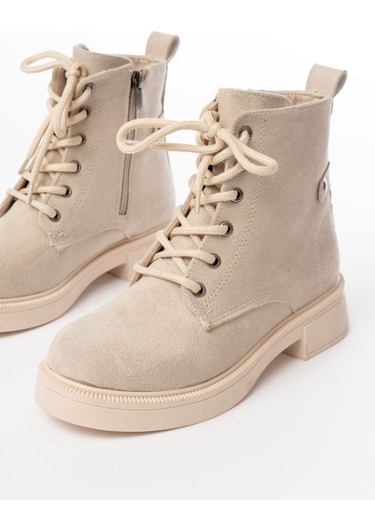 Bej Süet Bağcıklı Fermuarlı Günlük Kadın Bot