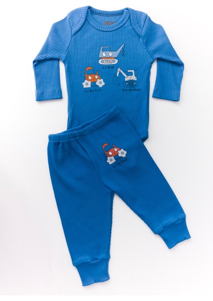 Unisex Bebek Organik Iş Makinesi Desenli Mavi Fitilli Zıbın Takım