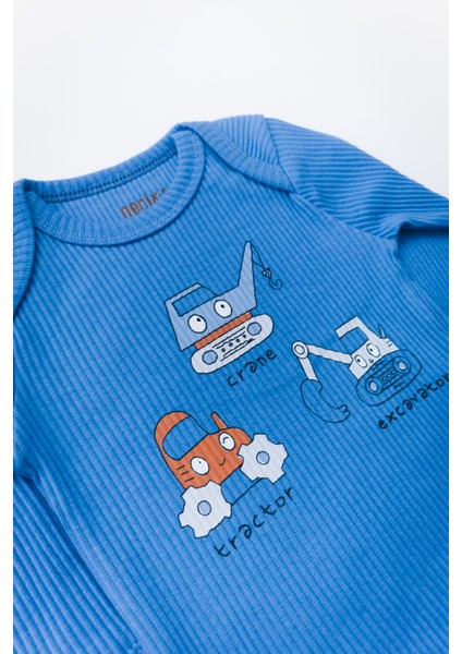 Unisex Bebek Organik Iş Makinesi Desenli Mavi Fitilli Zıbın Takım fırsatları