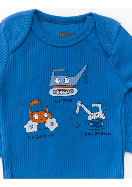 Unisex Bebek Organik Iş Makinesi Desenli Mavi Fitilli Zıbın Takım indirimleri