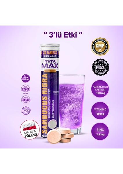 Immumax Sambucus Nigra (Kara Mürver Ağacı) + (Vitamin C + Çinko) Efervesan Tablet