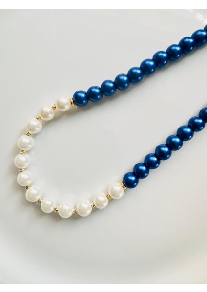 Mavi Beyaz Tasarım Inci Kolye