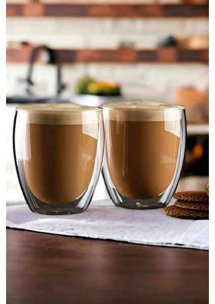 2'li Çift Cidarlı Bardak 200 ml Ev Ofis Çay Fincanı Kahve Sunum Bardağı Dayanıklı Kupa Cam Bardak
