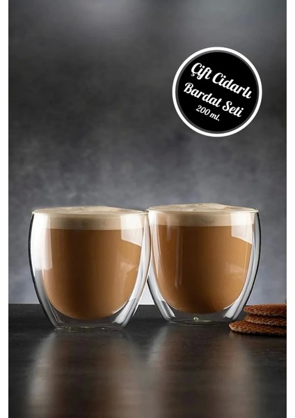 2'li Çift Cidarlı Bardak 200 ml Ev Ofis Çay Fincanı Kahve Sunum Bardağı Dayanıklı Kupa Cam Bardak fiyatları