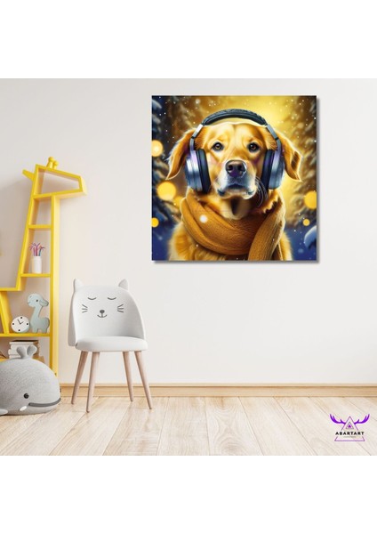 Tekli Kare Kanvas Çocuk Odası Müzik Dinleyen Köpek Tasarımı