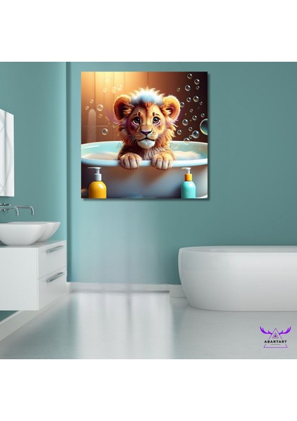 Tekli Kare Kanvas Küvette Banyo Yapan Yavru Aslan Tasarımı