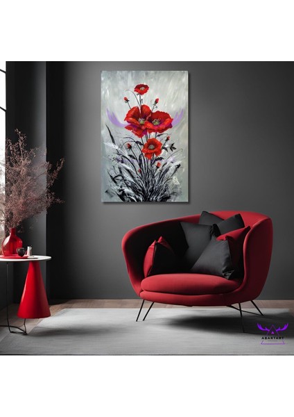 Tekli Dikey Kanvas Modern Salon Tablosu Kırmızı Gelincik Çiçeği