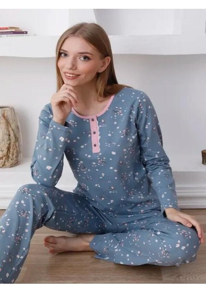 Çiçek Desenli Kadın Pijama Takımı - Uzun Kollu Likralı Penye 2808UKL