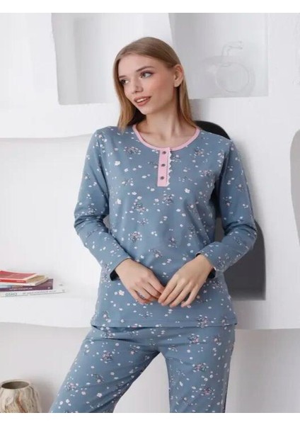 Çiçek Desenli Kadın Pijama Takımı - Uzun Kollu Likralı Penye 2808UKL