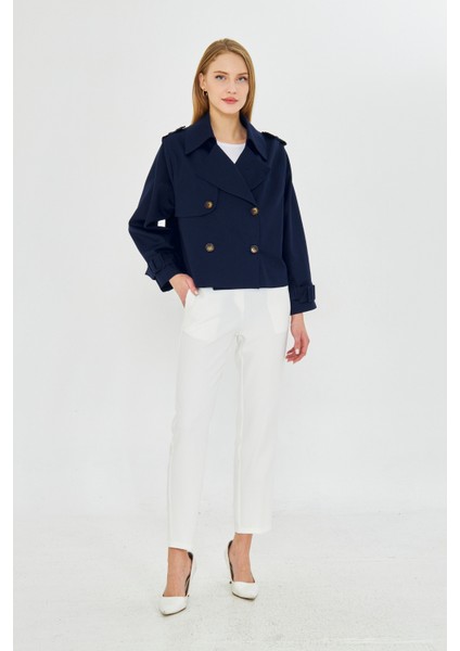 %100 Pamuk Gabardin Astarlı Oversize Geniş Kalıp Kadın Crop Kısa Trençkot 1122