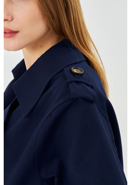 %100 Pamuk Gabardin Astarlı Oversize Geniş Kalıp Kadın Crop Kısa Trençkot 1122