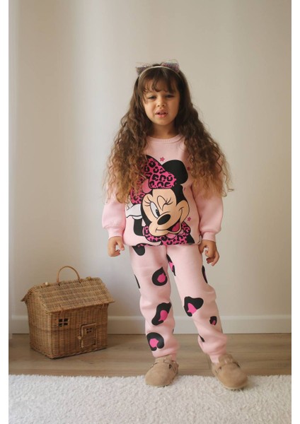 Sacro Kids Pembe Minnie Mouse Baskılı Eşofman-Sweatshirt 3 Iplik Şardonlu Kışlık Kız Çocuk Takım