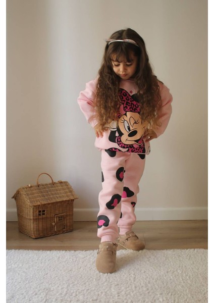 Sacro Kids Pembe Minnie Mouse Baskılı Eşofman-Sweatshirt 3 Iplik Şardonlu Kışlık Kız Çocuk Takım