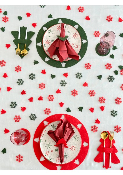 Yılbaşı Temalı Kırmızı Yeşil Karışık 4 Kişilik Amerikan Servisi,yılbaşı Temalı Supla,peçetelik,bardak Altlığı,masa Süsleri