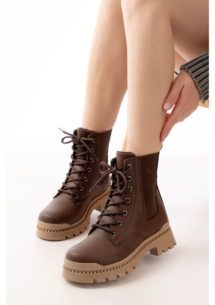 2051-298 Kahverengi Düz Topuklu Bağcıklı Lastikli Günlük Kadın Bot