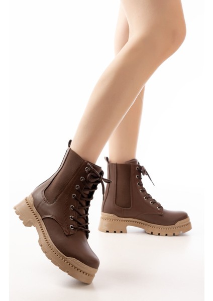 2051-298 Kahverengi Düz Topuklu Bağcıklı Lastikli Günlük Kadın Bot fiyatları
