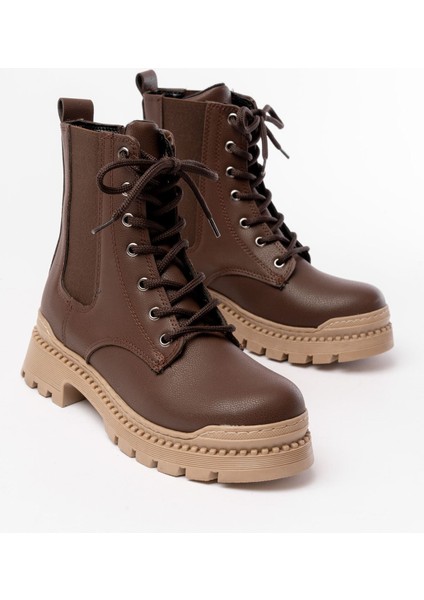 2051-298 Kahverengi Düz Topuklu Bağcıklı Lastikli Günlük Kadın Bot modelleri