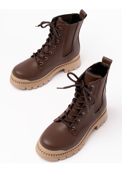 2051-298 Kahverengi Düz Topuklu Bağcıklı Lastikli Günlük Kadın Bot indirimleri