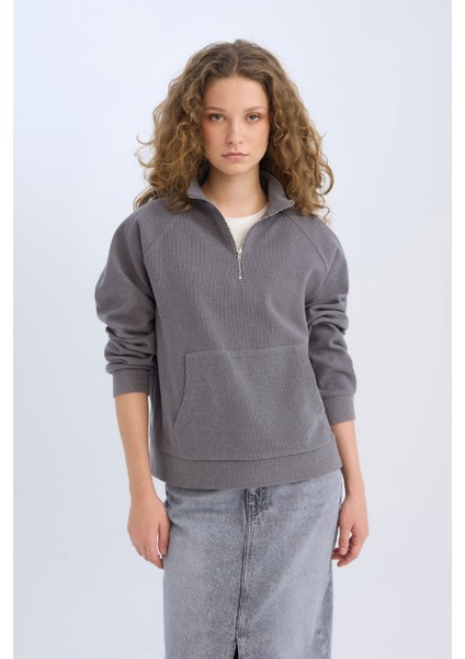 Oversize Geniş Kalıp Basic Düz Kanguru Cepli Fermuarlı Polo Yaka Sweatshirt E0741AX24WN